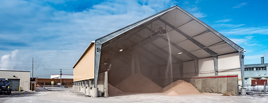 tension fabric salt storage building with open endwall