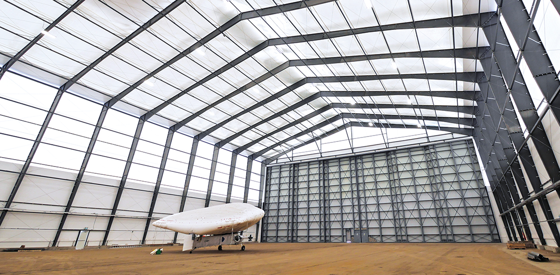 Solar Ship, aircraft hangar buildings, aircraft fabric covered buildings