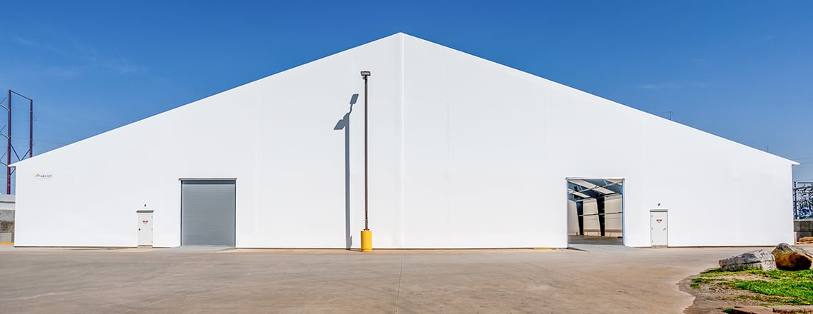 front of tension fabric warehouse building