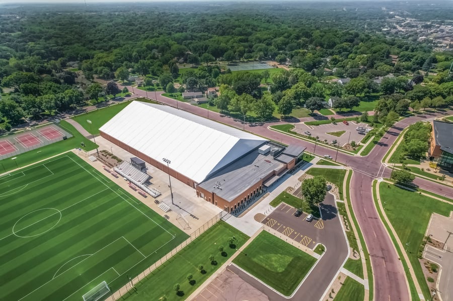 exterior drone shot of tension fabric fieldhouse