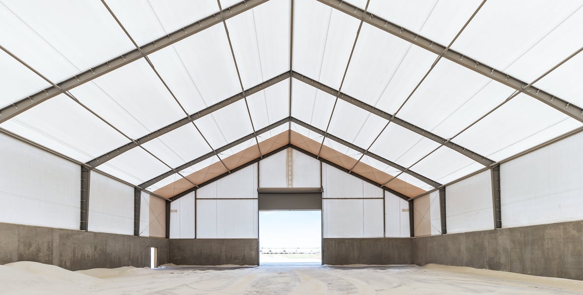 interior of a tension fabric frac sand storage building